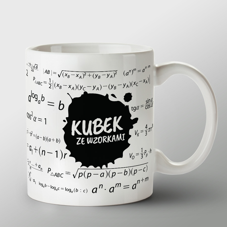 KUBEK porcelanowy z nadrukiem KUBEK ZE WZORKAMI"i wzorami matematycznymi