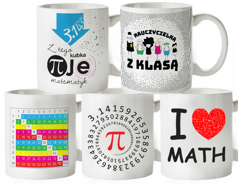 KUBKI porcelanowe, 19 unikalnych wzorw z kolorowym nadrukiem matematycznym