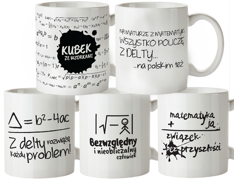 KUBKI porcelanowe, 7 unikalnych wzorw z nadrukiem matematycznym