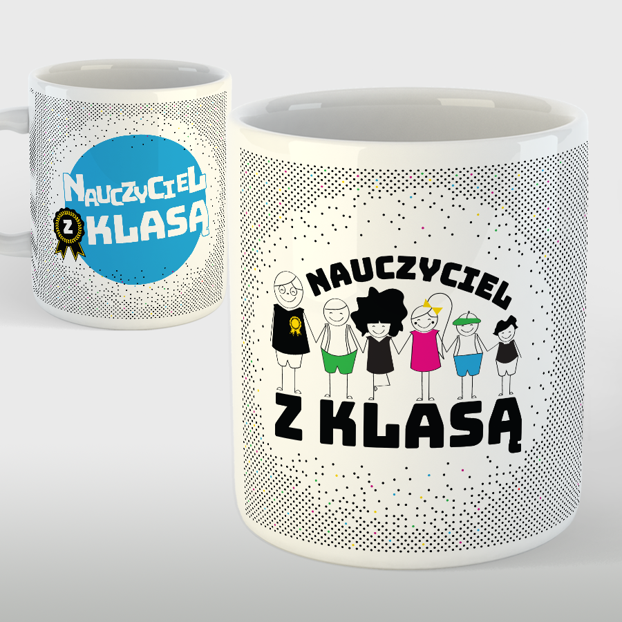 KUBEK porcelanowy z nadrukiem Nauczyciel z klas" (kolor)