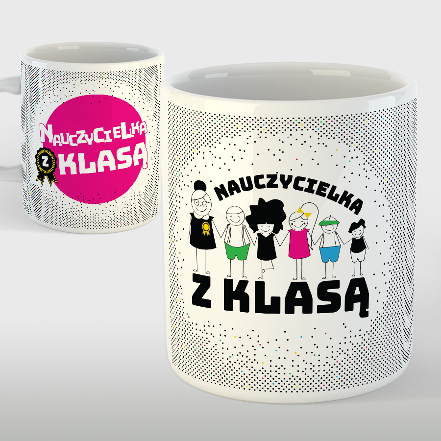 KUBEK porcelanowy z nadrukiem Nauczycielka z klas" (kolor)