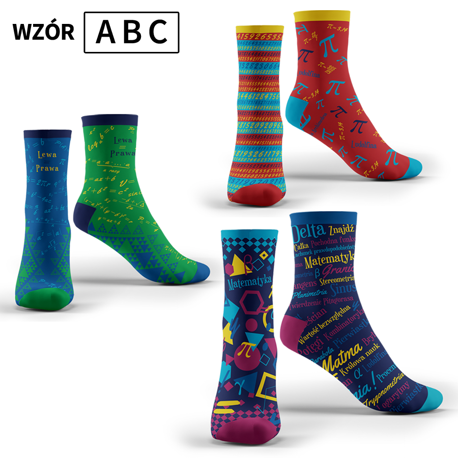 Pakiet 3 par kolorowych skarpet "Math funny socks" wzory A+B+C - "Matematyka", "Lewa=Prawa", "Liczba Pi" (41-45)