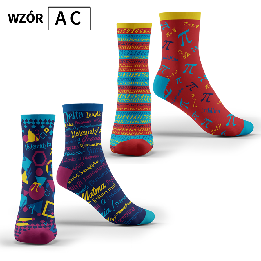 Pakiet 2 par kolorowych skarpet "Math funny socks" wzory A+C - "Matematyka", "Liczba Pi" (41-45)