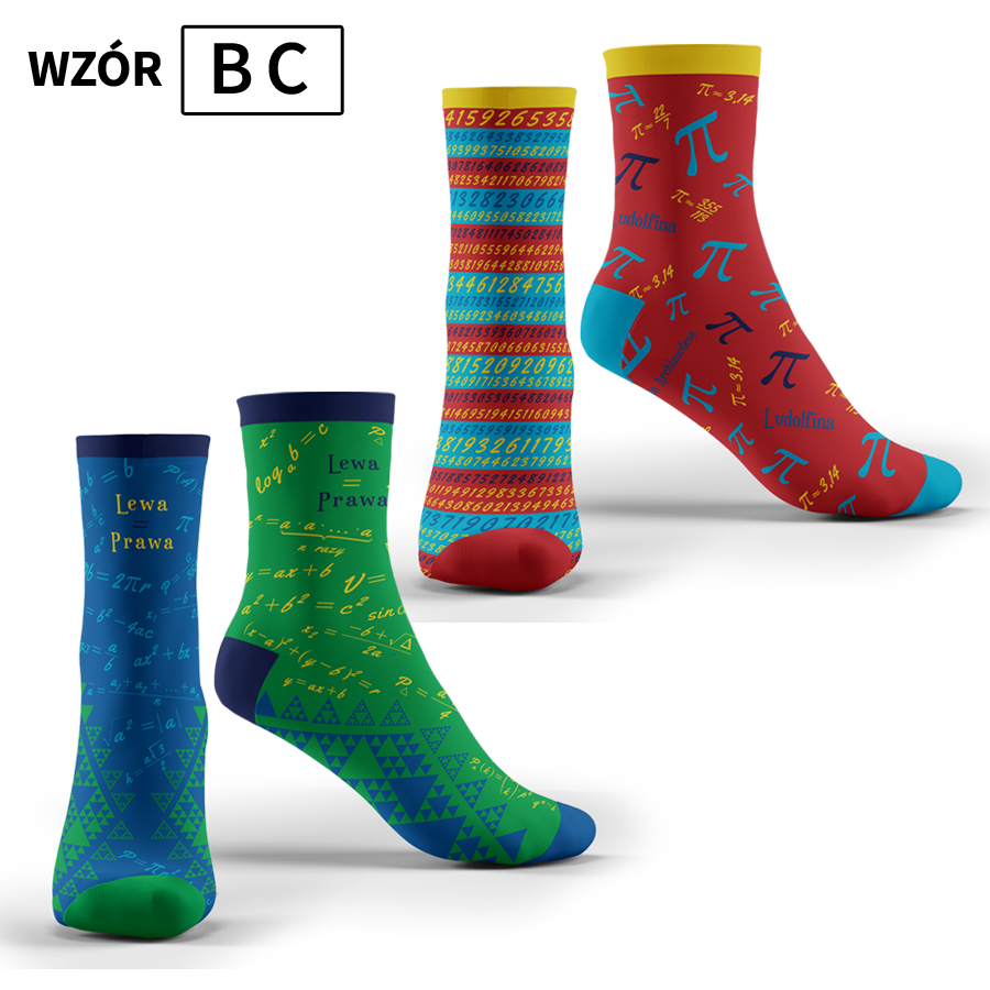 Pakiet 2 par kolorowych skarpet "Math funny socks" wzory B+C - "Lewa=Prawa", "Liczba Pi"