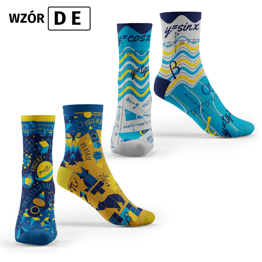 Pakiet 2 par kolorowych skarpet "Math funny socks" wzory D+E - "Figury paskie i przestrzenne", "Funkcje"